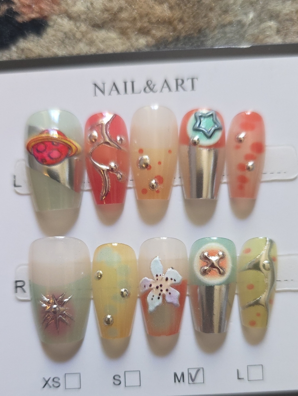 Women’s Decorative Press-On Nail Set - Pastel Coral Size Med